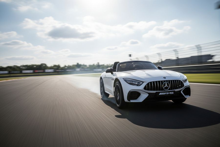 Elektro Kinderfahrzeug "Mercedes SL63 AMG" - Lizenziert - 24V Akku, 4 Motoren, 2,4Ghz Fernsteuerung, MP3+Ledersitz+EVA-Lackiert Weiss – Bild 4